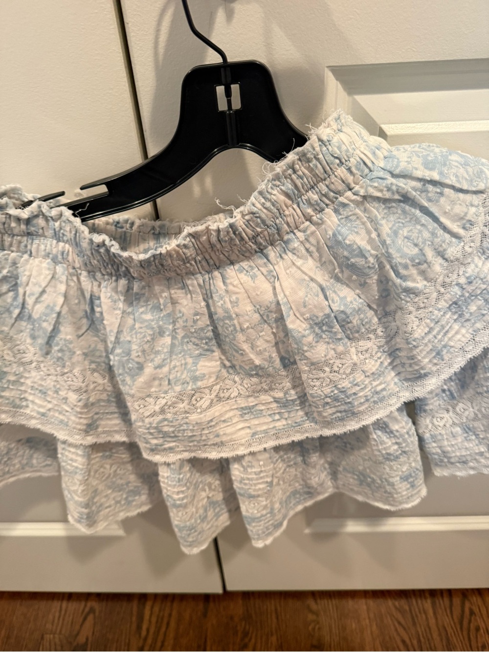 Loveshack Fancy  Ruffled Mini Skirt in Light Blue and White